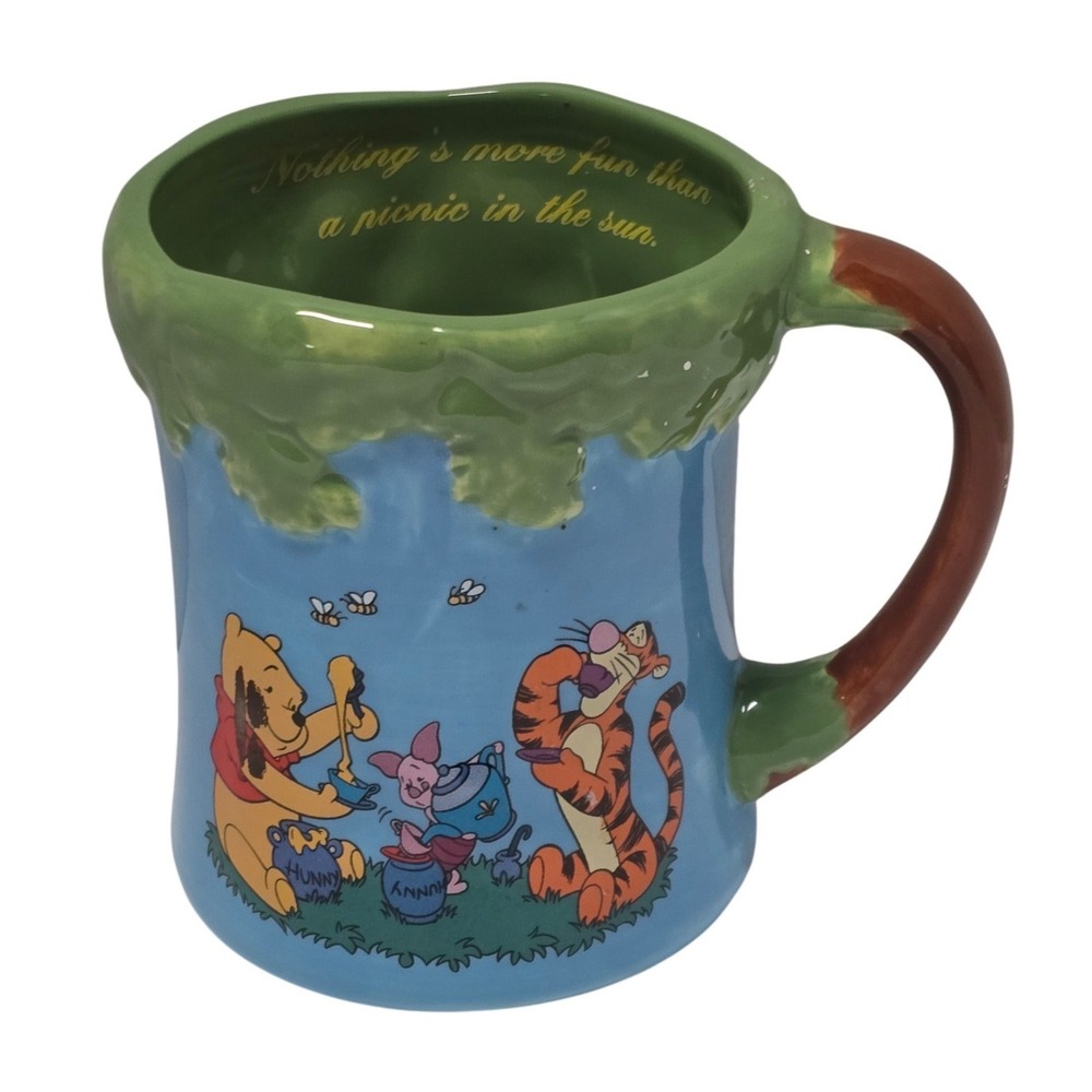 Disney Winnie the Pooh Tigger Piglet Picnic in the Sun Sculpted Ceramic Mug Blue